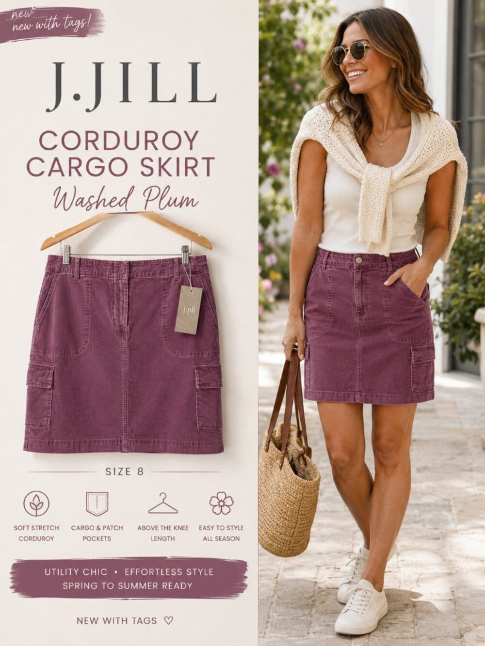 NWT J.Jill Corduroy Cargo Skirt Washed Plum Mauve Utility Chic Size 8 - Picture 1 of 7